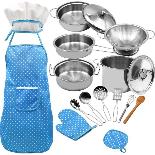 Set Di Cucina E Cottura Per Bambini 18 Pezzi Con Cappello Da Chef Grembiule Forno Padella Pentola Zuppa Cucchiaio Pala Utensili Da Cucina Bambini Chef Ruolo Playset Regalo Educativo Per Le Ragazze Ragazzi (Blu)-image