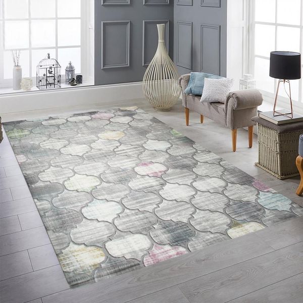 Tappeto Moderno A Pelo Corto Con Motivo Marocchino In Grigio E Accenti Di Colore Tenue Dimensioni - 120 X 170 Cm-image
