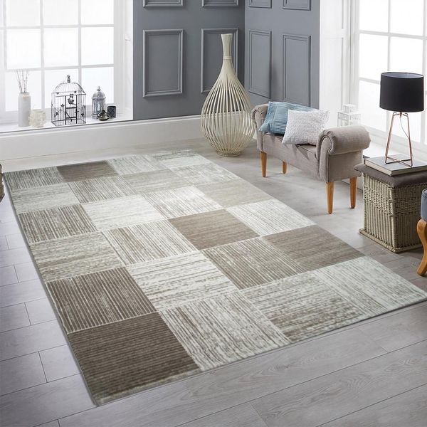Tappeto Moderno A Pelo Corto Con Motivo A Quadri Beige Crema Dimensioni - 80 X 300 Cm-image