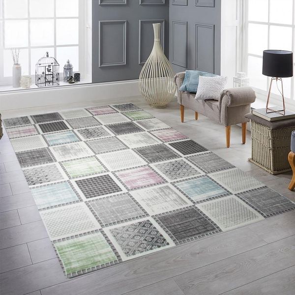 Tappeto Moderno A Pelo Corto Con Design Grafico A Toppe Grigio Con Sottili Accenti Di Colore Dimensioni - 120 X 170 Cm-image
