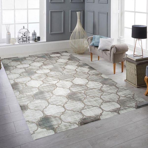 Tappeto Moderno A Pelo Corto Con Motivo Ornamentale Crema Beige Dimensioni - 80 X 150 Cm-image