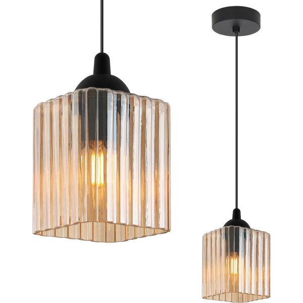 Lampada A Sospensione Riffle Nera A 1 Luce Con Paralume A Cubo Color Miele E27-image