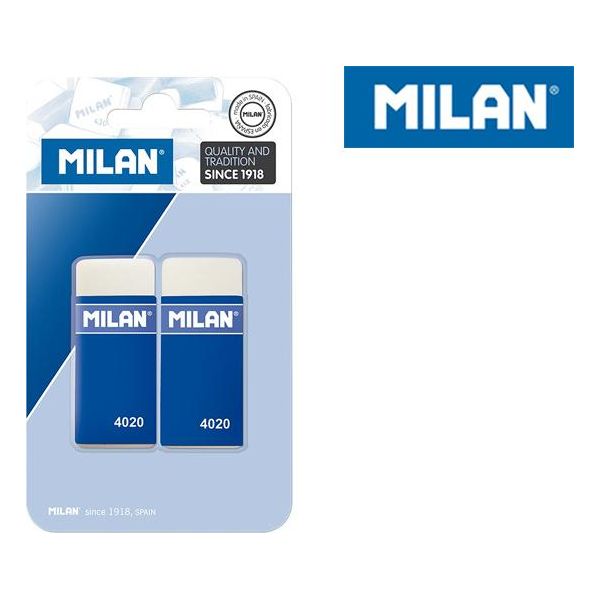 Milan 4020 Confezione Da 2 Gomme Rettangolari - Briciole Di Pane - Gomma Sintetica Morbida - Custodia In Cartone Blu - Colore Bianco-image