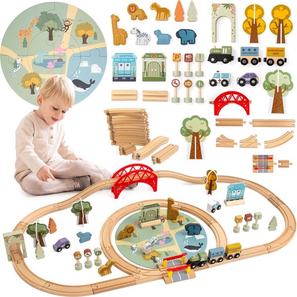 Zoo Ferroviario In Legno Con Tappeto Puzzle - Treno, Binari, Animali, Ponte E Barriera - Mamabrum-image