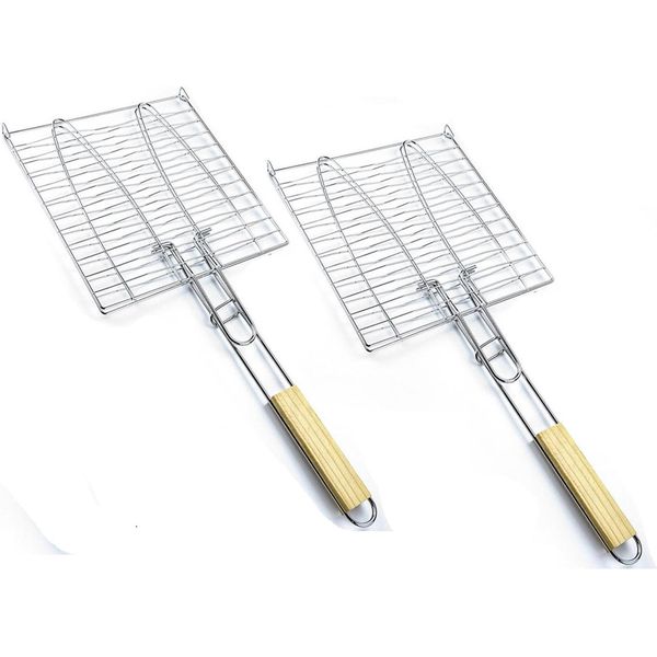 Set Di 2 Griglie Per Pesce | Griglia Per Pesce Da 23,5 X 23,5 Cm Per Barbecue Con Manico In Legno | Cestino Per Pesce Per 2 Pesci | Supporto Per Pesce Con Morsetto | Pinze Per Grigliare Verdure, Gamberi | Pinze Per Pesce Pieghevoli | Accessori Per Barbecue-image