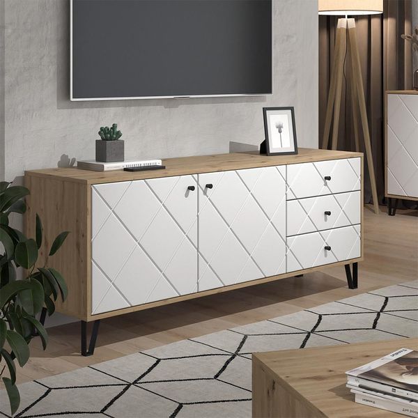 Vicco Mobile Tv Nizza, 150.2 X 60.2 Cm Con 3 Cassetti E 2 Ante, Artigianale/Bianco/Bianco-image