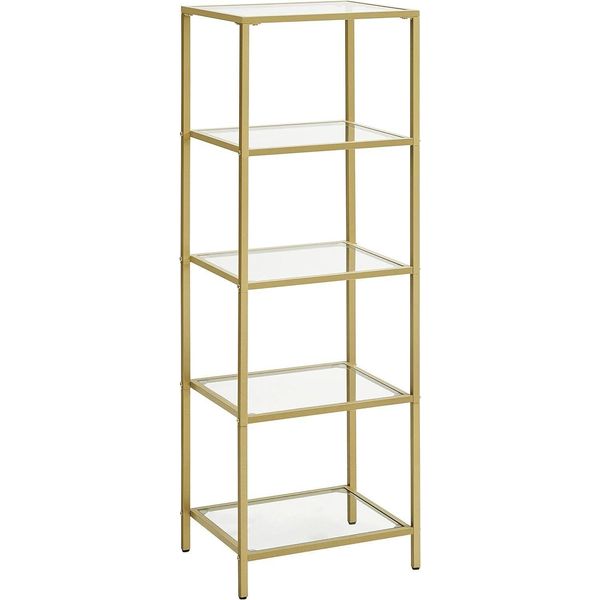Scaffale Vasagle, Scaffale A Gradini A 5 Livelli, Scaffale In Vetro Stretto Per Camera Da Letto, Bagno, Ufficio, Vetro Temperato, Struttura In Acciaio, Colore Oro-image