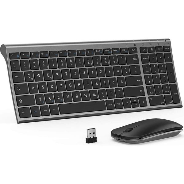 Set Mouse Tastiera Senza Fili, Entrambi Ricaricabili, Ultra-Sottile 2.4G Usb Tastiera Senza Fili Con Mouse Senza Fili, Alluminio Sottile, Qwertz De Layout Per Win Pc / Laptop-image