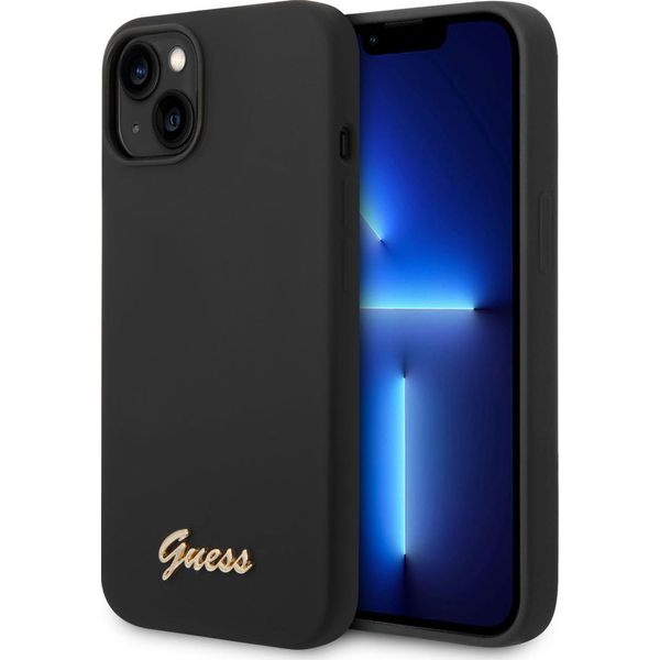 Guess Guhcp14Mslsmk Iphone 14 Plus / 15 Plus 6.7 Nero/Nero Custodia Rigida In Silicone Vintage Gold Logo-image