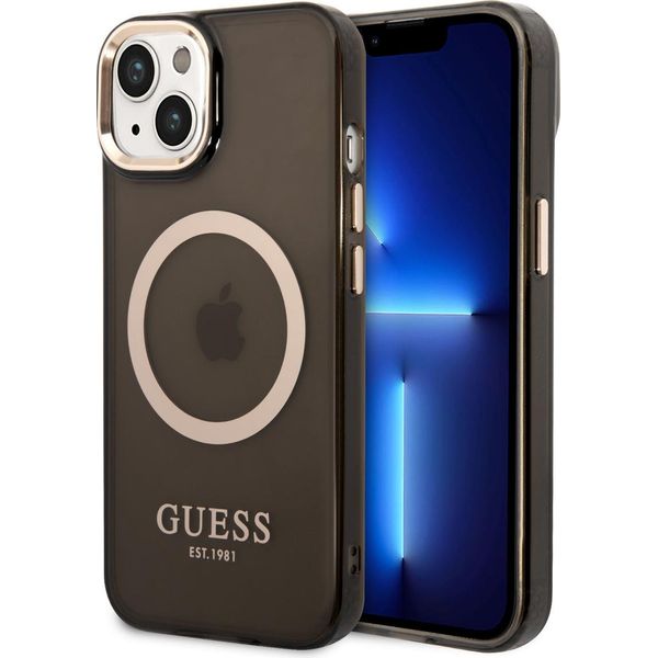 Guess Guhmp14Mhtcmk Custodia Rigida Per Iphone 14 Plus / 15 Plus 6.7 Nero/Nero Profilo Oro Traslucido Magsafe-image
