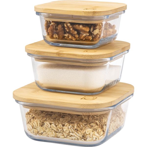 Set Di 3 Barattoli In Vetro Eluno Con Coperchi In Bambù, Barattoli Per La Conservazione Degli Alimenti, Quadrati-image