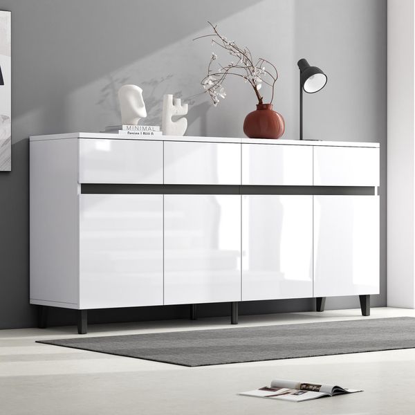 Credenza Lucida Merax, Cassettiera Con 4 Cassetti, 2 Ante E Ripiani Regolabili In Altezza - Elegante Mobile Da Soggiorno-image