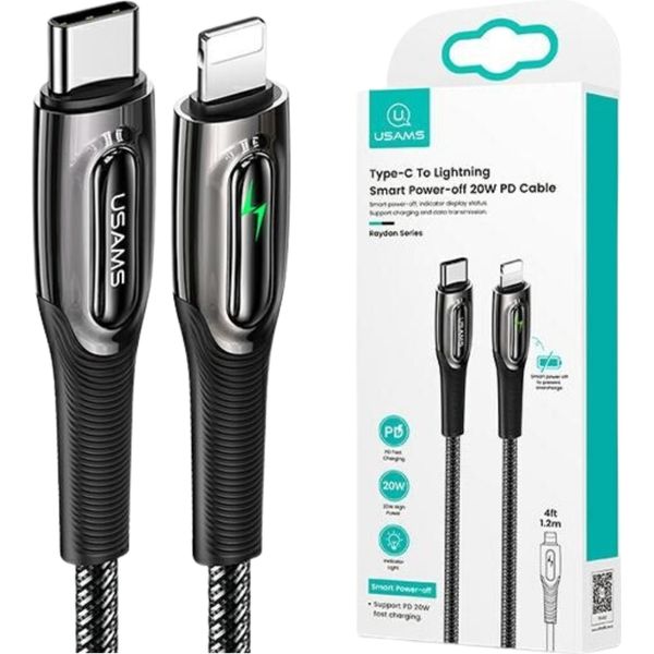 Usams Cavo Intrecciato Da Usb-C A Lightning Smart Power-Off 20W Pd Da 1,2 M Nero/Nero Sj518Usb01 (Us-Sj518)-image