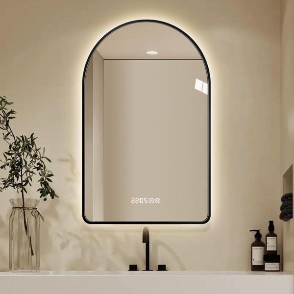 Specchio Da Bagno Led Ad Arco 70×120 Cm - Dimmerabile, Antiappannamento, Con Orologio E Display Della Temperatura, 3 Colori Di Luce, Cornice Nera-image