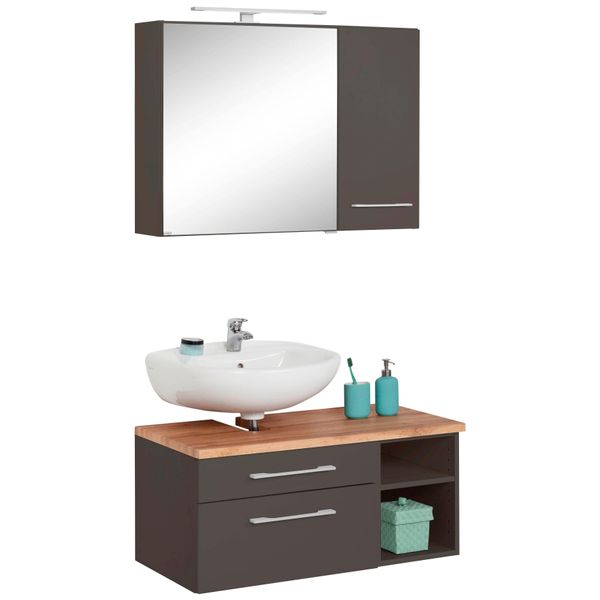 BadmöBel-Set Welltime "Davos", Grau (Graphit, Grau), Siphonausschnitt Links, Holzwerkstoff, KastenmöBel-Sets, BadmöBel-Set, Mit Led-Beleuchtung, HäNgeschrank Und Waschbeckenunterschrank-image