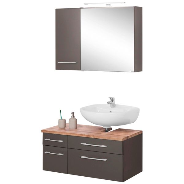 BadmöBel-Set Welltime "Davos", Grau (Graphit, Grau), Siphonausschnitt Rechts, Holzwerkstoff, Mdf, Melamin, KastenmöBel-Sets, BadmöBel-Set, Mit Led-Beleuchtung, HäNgeschrank Und Waschbeckenunterschrank-image