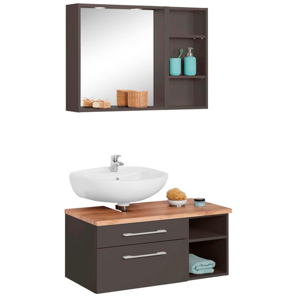 BadmöBel-Set Welltime "Davos", Grau (Graphit, Grau), Siphonausschnitt Links, Holzwerkstoff, KastenmöBel-Sets, BadmöBel-Set, Spiegel Inklusive Beleuchtung, Regal Und Waschplatz-image