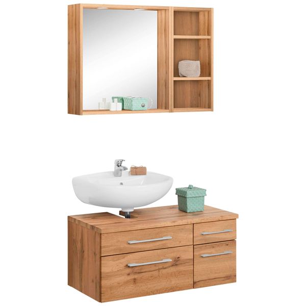 BadmöBel-Set Welltime "Davos", Braun (Eichefarben), Siphonausschnitt Links, Holzwerkstoff, Mdf, Melamin, KastenmöBel-Sets, BadmöBel-Set, Spiegel Inklusive Beleuchtung, Regal Und Waschbeckenunterschrank-image