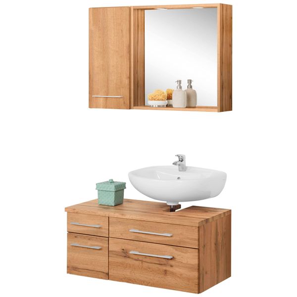 BadmöBel-Set Welltime "Davos", Braun (Eichefarben), Siphonausschnitt Rechts, Holzwerkstoff, KastenmöBel-Sets, BadmöBel-Set, Inklusive Beleuchtung, HäNgeschrank Und Waschbeckenunterschrank-image