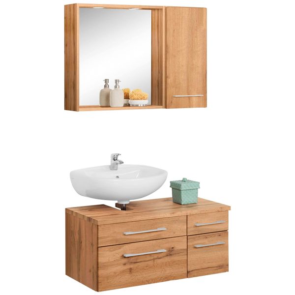 BadmöBel-Set Welltime "Davos", Braun (Eichefarben), Siphonausschnitt Links, Holzwerkstoff, KastenmöBel-Sets, BadmöBel-Set, Inklusive Beleuchtung, HäNgeschrank Und Waschbeckenunterschrank-image