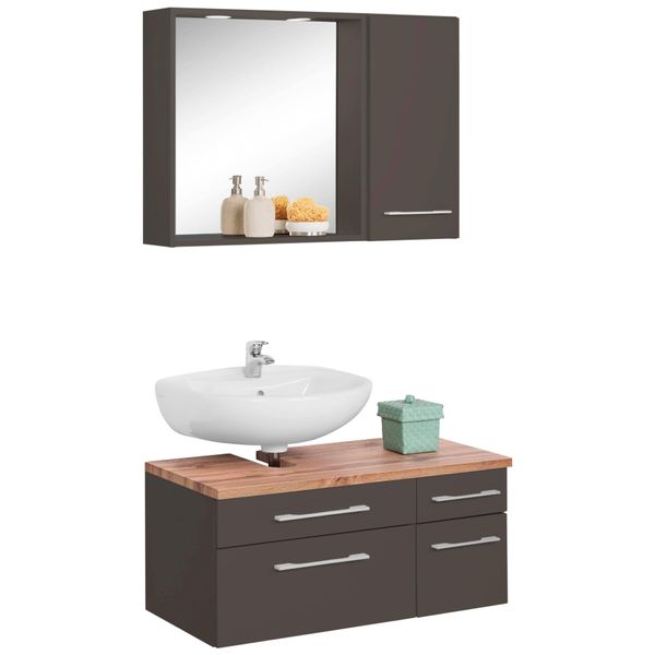 BadmöBel-Set Welltime "Davos", Grau (Graphit, Grau), Siphonausschnitt Links, Holzwerkstoff, KastenmöBel-Sets, BadmöBel-Set, Inklusive Beleuchtung, HäNgeschrank Und Waschbeckenunterschrank-image