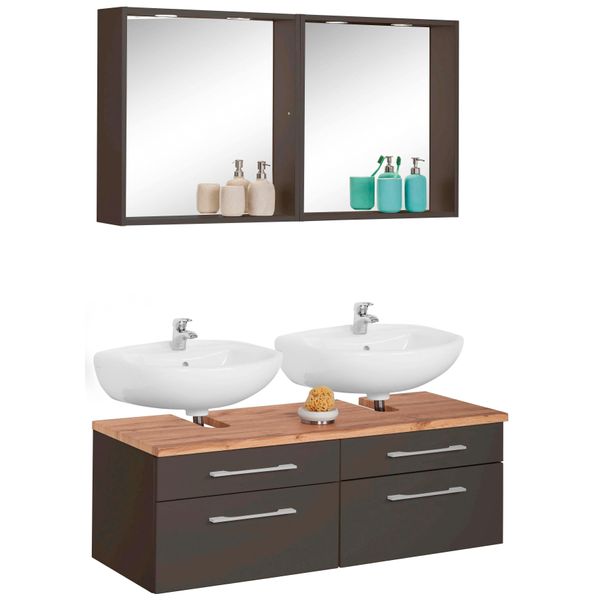 BadmöBel-Set Welltime "Davos", Grau (Graphit, Grau), Holzwerkstoff, KastenmöBel-Sets, BadmöBel-Set, 2 Spiegel Inklusive Beleuchtung Und Waschbeckenunterschrank-image