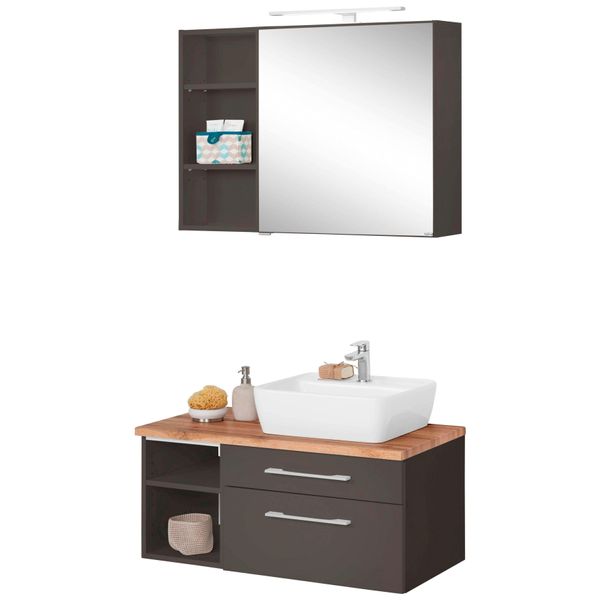 BadmöBel-Set Welltime "Davos", Grau (Grafit, Grau), Becken Rechts, KastenmöBel-Sets, BadmöBel-Set, Spiegelschrank, Regal Und Waschtisch-image