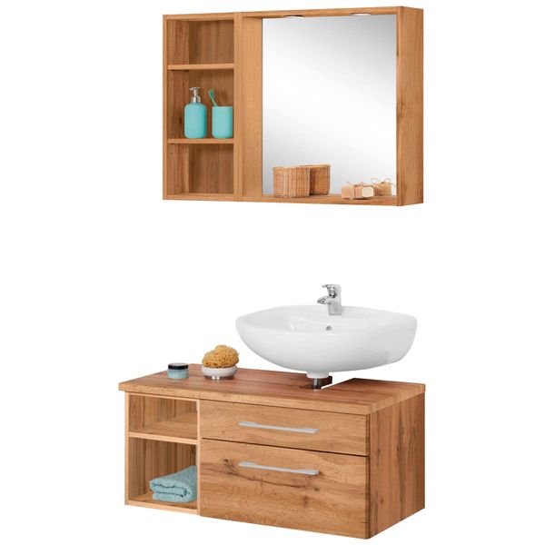 BadmöBel-Set Welltime "Davos", Braun (Eichefarben), Siphonausschnitt Rechts, Holzwerkstoff, KastenmöBel-Sets, BadmöBel-Set, Spiegel Inklusive Beleuchtung, Regal Und Waschplatz-image