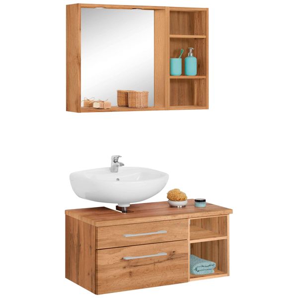BadmöBel-Set Welltime "Davos", Braun (Eichefarben), Siphonausschnitt Links, Holzwerkstoff, KastenmöBel-Sets, BadmöBel-Set, Spiegel Inklusive Beleuchtung, Regal Und Waschplatz-image