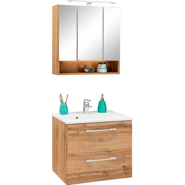 BadmöBel-Set Welltime "Soria", Braun (Eichefarben), Holzwerkstoff, KastenmöBel-Sets, BadmöBel-Set, Waschtisch Breite 60 Cm, Spiegelschrank-image
