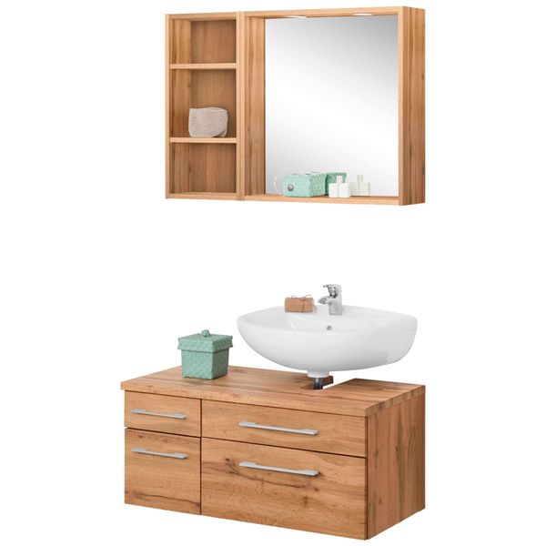 BadmöBel-Set Welltime "Davos", Braun (Eichefarben), Siphonausschnitt Rechts, Holzwerkstoff, Mdf, Melamin, KastenmöBel-Sets, BadmöBel-Set, Spiegel Inklusive Beleuchtung, Regal Und Waschbeckenunterschrank-image