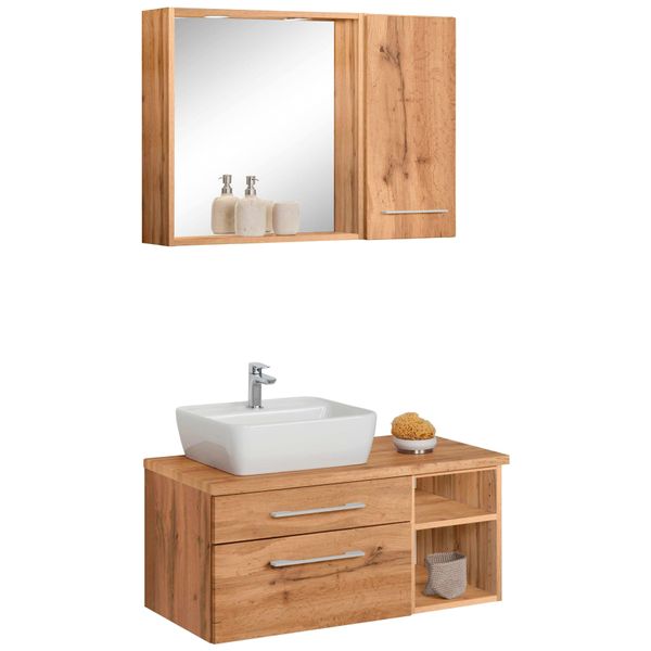 BadmöBel-Set Welltime "Davos", Braun (Eichefarben), Becken Links, KastenmöBel-Sets, BadmöBel-Set, Waschplatz, HäNgeschrank Und Bad-Spiegel-image