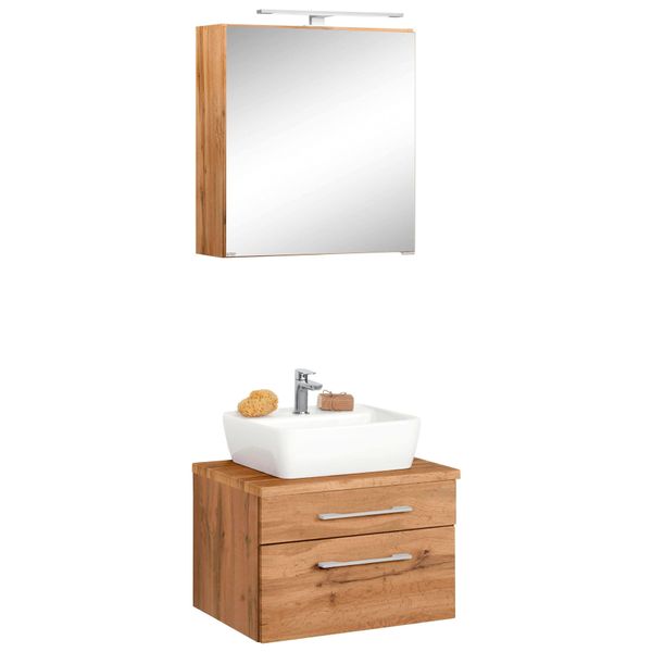 BadmöBel-Set Welltime "Davos", Braun (Eichefarben), KastenmöBel-Sets, BadmöBel-Set, Spiegelschrank Breite 60 Cm, Mit Rechteckigem Waschbecken-image