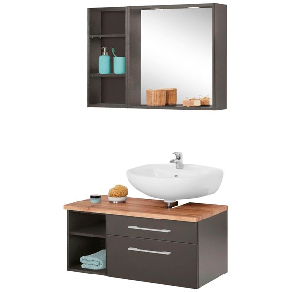 BadmöBel-Set Welltime "Davos", Grau (Graphit, Grau), Siphonausschnitt Rechts, Holzwerkstoff, KastenmöBel-Sets, BadmöBel-Set, Spiegel Inklusive Beleuchtung, Regal Und Waschplatz-image