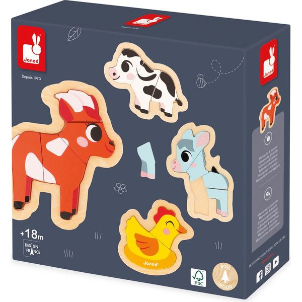 Janod Puzzle In Legno Degli Animali Della Fattoria - 4 Puzzle Per Bambini-image