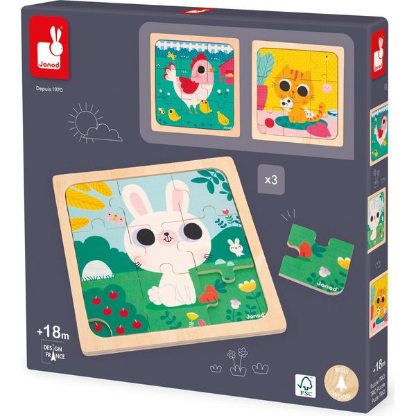 Set Di Puzzle Janod - Puzzle Di Animali In Legno - 3 Puzzle Da 9 Pezzi-image