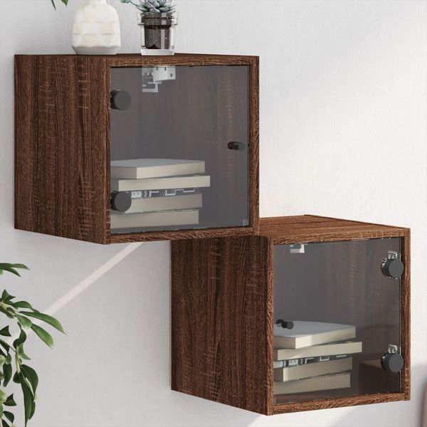 Comodini Con Ante In Vetro 2 Pz. Aspetto Rovere Marrone 35X37X35 Cm-image