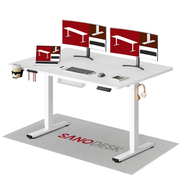 Sanodesk Aggiornamento Scrivania Regolabile In Altezza 140×60 Cm 4 Funzioni Di Memoria Portabicchieri, Gancio, Gestione Cavi Capacità Di Carico 70 Kg Protezione Anticollisione Bianco-image