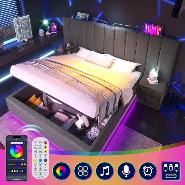 Letto Imbottito 180×200, Letto Matrimoniale Contenitore Con App Control Led, Lino, Grigio, Senza Materasso E Comodino-image