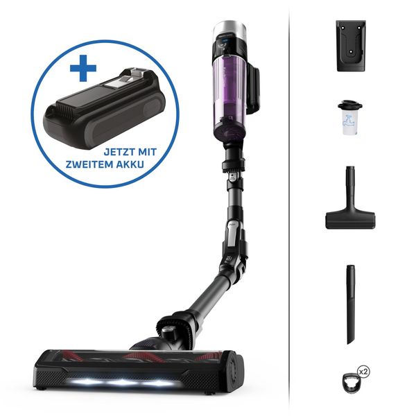 Rowenta Akku-Hand-Und Stielstaubsauger "X-Force Flex 9.60 Allergy, Kabellos, Bis Zu 100 Air Watt, Ultraleicht", Schwarz (Schwarz, Lila), B:23,4Cm H:112Cm T:24,8Cm, Akkusauger, Hohes FassungsvermöGen, Flex-Gelenk, Lange Betriebsdauer, RH203A-image