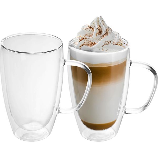 Intirilife 2X Set Di Bicchieri Termici A Doppia Parete Da 400 - 500 Ml - Bicchieri Termici In Vetro Soffiato A Bocca Isolati Per Latte Macchiato E Tè Con Manico-image