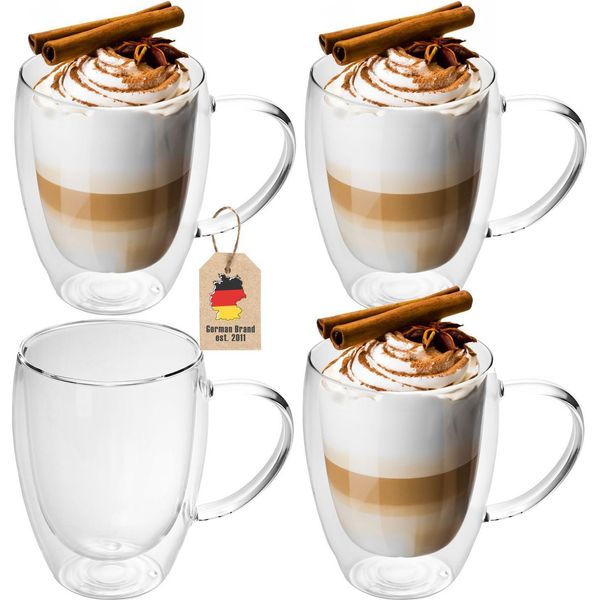 Intirilife 4X Set Di Bicchieri Termici A Doppia Parete Da 250 - 300 Ml - Bicchieri Termici In Vetro Soffiato A Bocca Isolati Per Latte Macchiato E Tè Con Manico-image