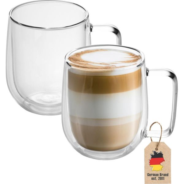 Intirilife 2X Set Di Bicchieri Termici A Doppia Parete Da 150 Ml - 220 Ml Bicchieri Termici Bicchieri Termici Soffiati A Bocca Isolati Latte Macchiato Bicchiere Da Tè Con Manico-image