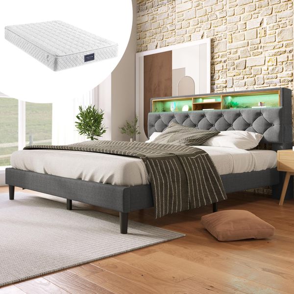 Letto Imbottito Flieks Matrimoniale 140X200Cm Con Materasso E Led, Testata Con Contenitore, Letto In Legno Massiccio Con Rete A Doghe-image