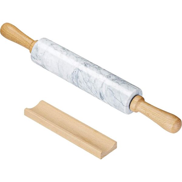 Intirilife Mattarello In Marmo Con Vassoio In Bianco - 46,5 Cm - Rullo Per Pasta, Rullo Da Forno, Mattarello Ondulato, In Marmo Naturale, Per Stendere Facilmente La Pasta, Facile Da Pulire-image