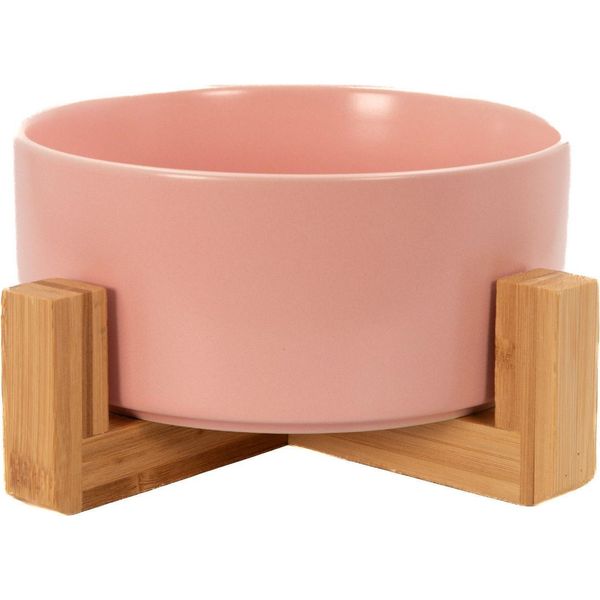 Ciotola In Ceramica Intirilife Con Cornice Rosa - Totale 20,5 X 8,5 Cm - Ciotola 15,5 X 6,5 Cm - Capacità 800 Ml - Ciotola Per Cibo E Bevande Per Cani E Gatti Con Supporto In Bambù-image