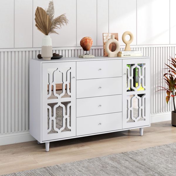 Credenza Sweiko Bianca A Specchio Con Maniglie In Cristallo, Per Soggiorno E Sala Da Pranzo 147,5X40X102Cm-image