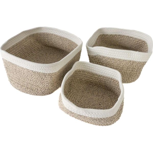 Intirilife Set Di 3 Pezzi Cesto Portaoggetti In Cotone Bianco - Beige - 22,5 X 16 X 11,5 / 27 X 20 X 13,5 / 33,5 X 22,5 X 14 Cm - Cesto Organizzatore Per Bagno Soggiorno Camera Da Letto Decorativo-image