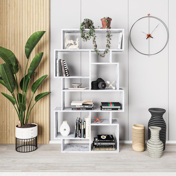 Decortie Karmato Libreria Moderna Espositore Effetto Marmo Bianco 96 X 26 X 169 Cm-image