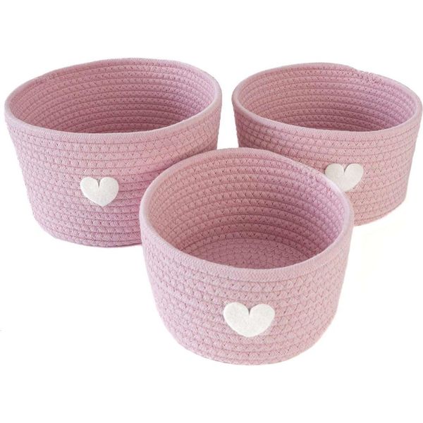 Intirilife Set Di 3 Cestini Portaoggetti Organizer In Rosa Con Patch A Cuore - 24 X 14 / 22 X 12,5 / 19 X 10 Cm - Pratici Cestini Portaoggetti Per Scaffali Come Decorazione-image